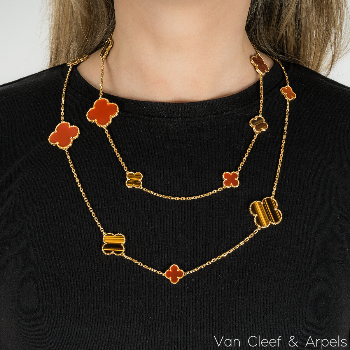 Van Cleef & Arpels Yellow Gold Carnelian & Tiger's Eye Magic Alhambra Necklace VCARN5JO00